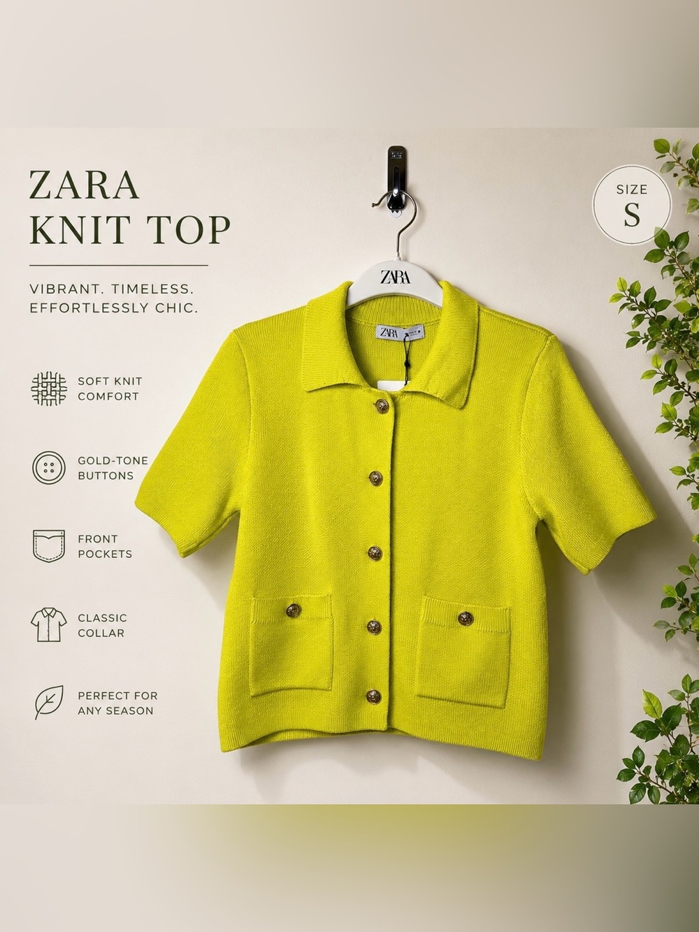 Zara Lime Green/ Chartreuse Knit Button Front Top Gold Buttons Size S NWT